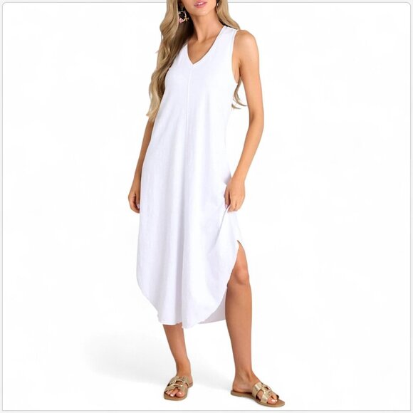 Z Supply The Reverie V-Neck Midi Dress in White Slub Scoop Hemline NWT NEW L - Picture 2 of 7